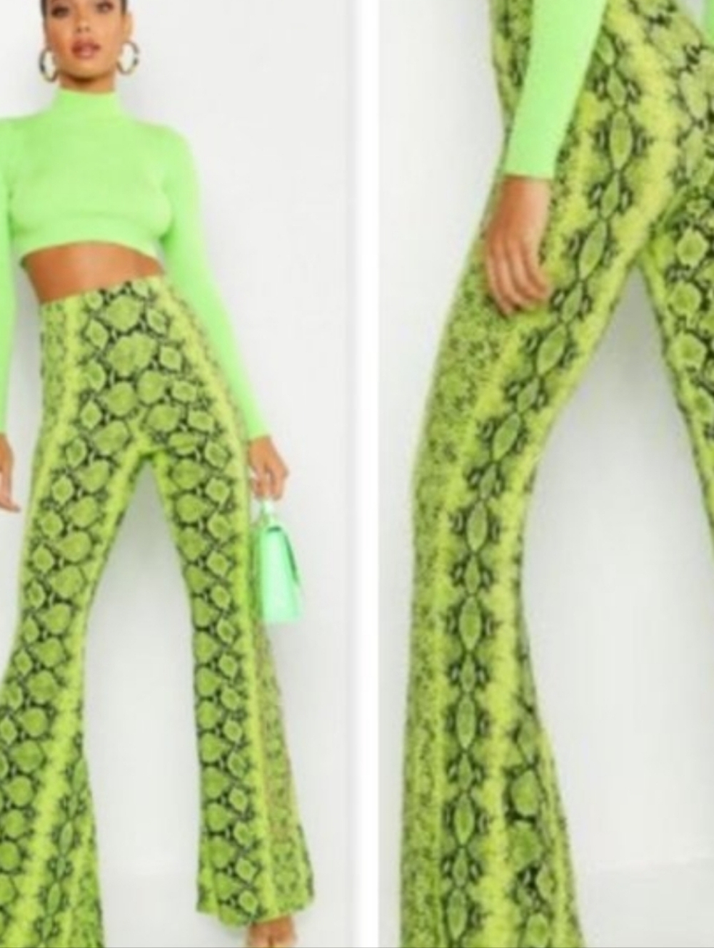 Neon Green Snake-Print Flared Pants